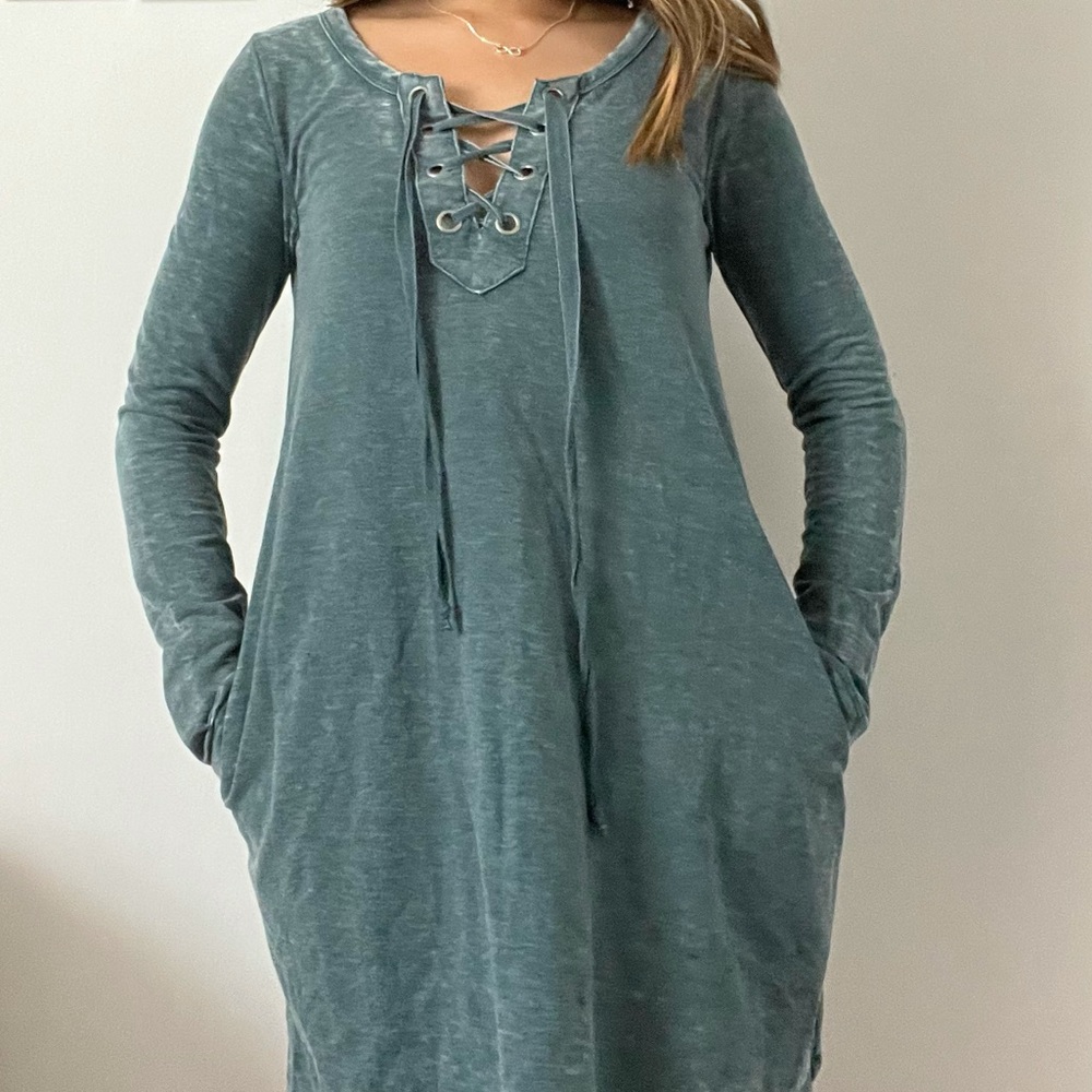 Altar’d State Long Sleeve Criss Cross Tie Front Dress with Pockets